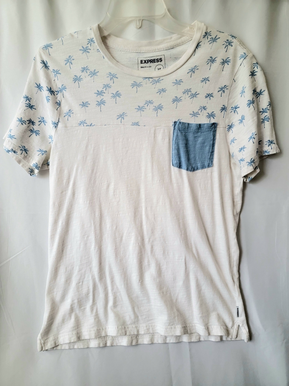 Express Men's Short Sleeve Tee White Light Blue Tropical Palm Trees Size Small
